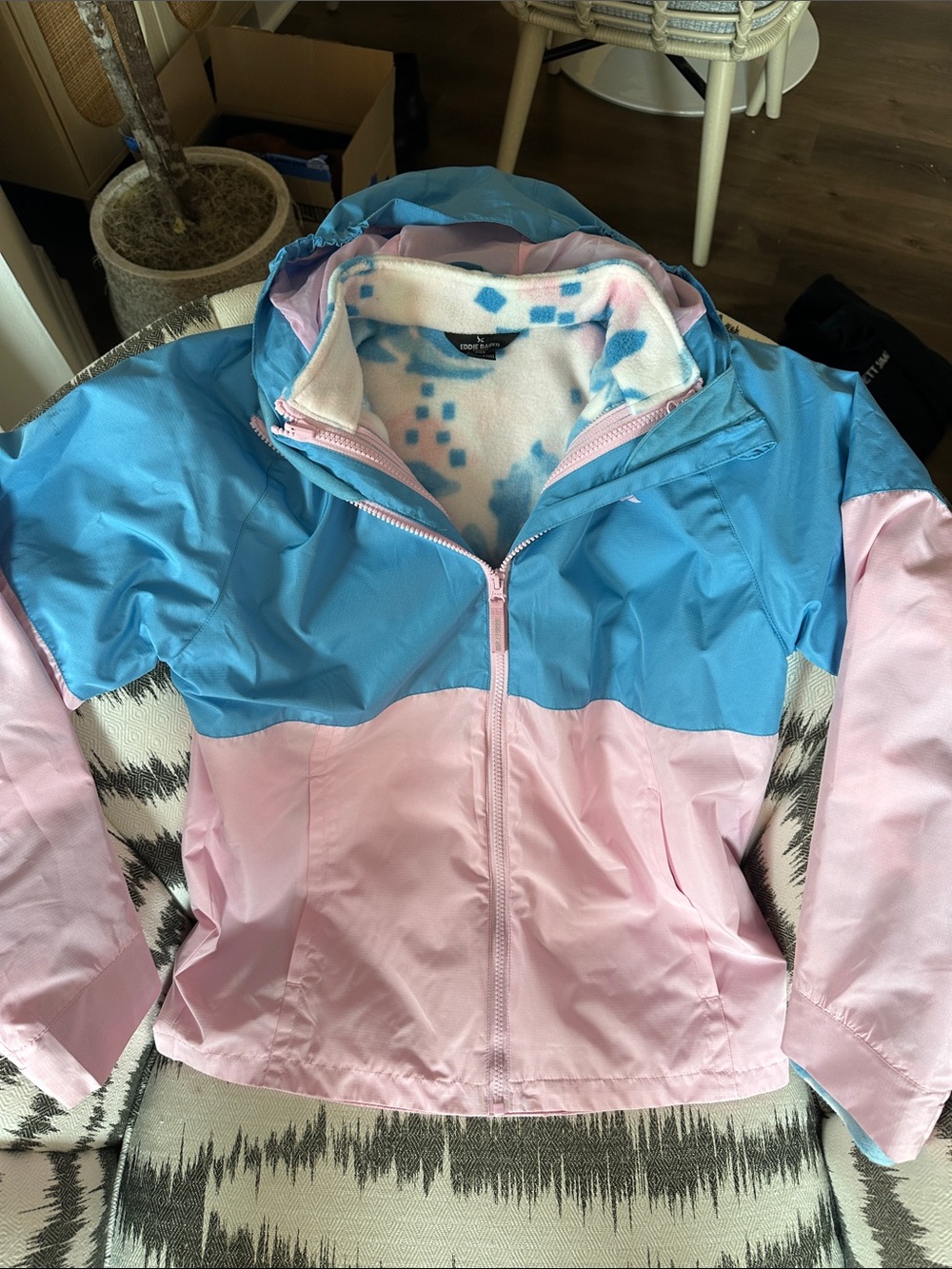 Eddie Bauer 2 coats-in-1 Girls' Pink & Blue Hooded Jacket fleece under windbreak